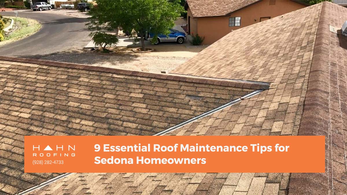 A Sedona neighborhood with a clean, well-maintained shingle roof, emphasizing key roof care practices. From the blog post "9 Essential Roof Maintenance Tips for Sedona Homeowners" by Hahn Roofing.