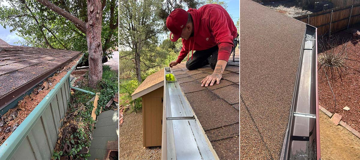 Gutter cleanout in preparation for Arizona monsoon season, showing clogged gutters, a technician checking slope, and a freshly cleaned seamless gutter system