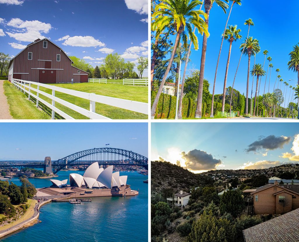 Four pictures: a large horse barn, a row of palms on a street, the Sydney Opera House, an a desert valley.