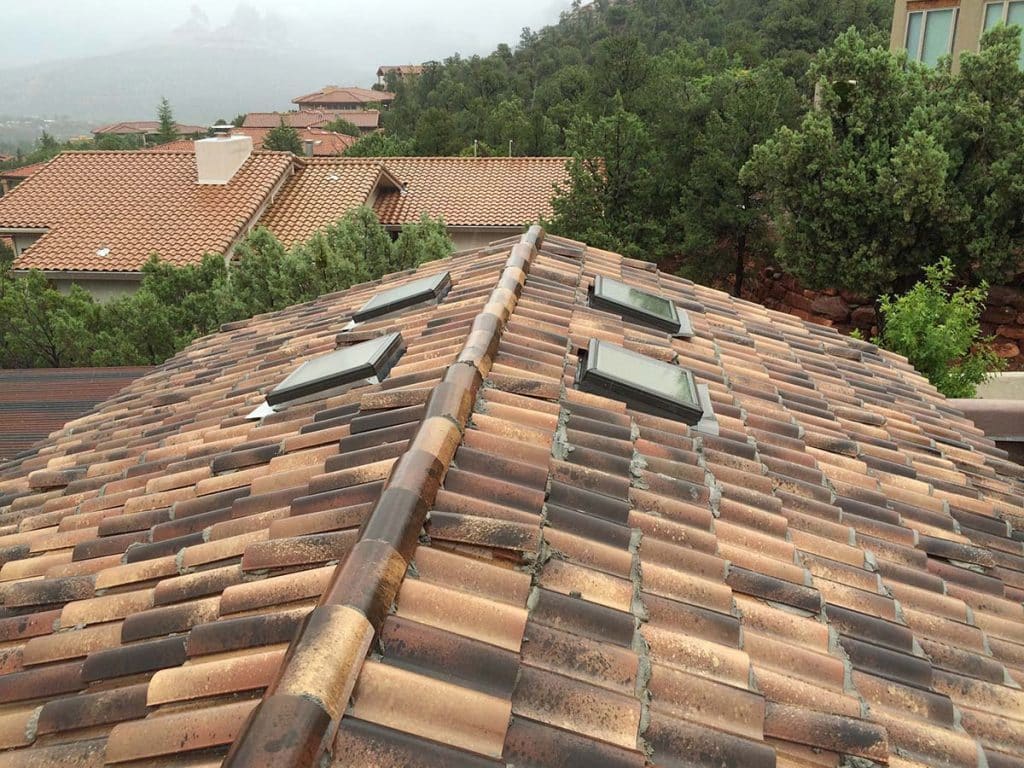 View of a tiled roof ridge with skylights and surrounding trees in the background.