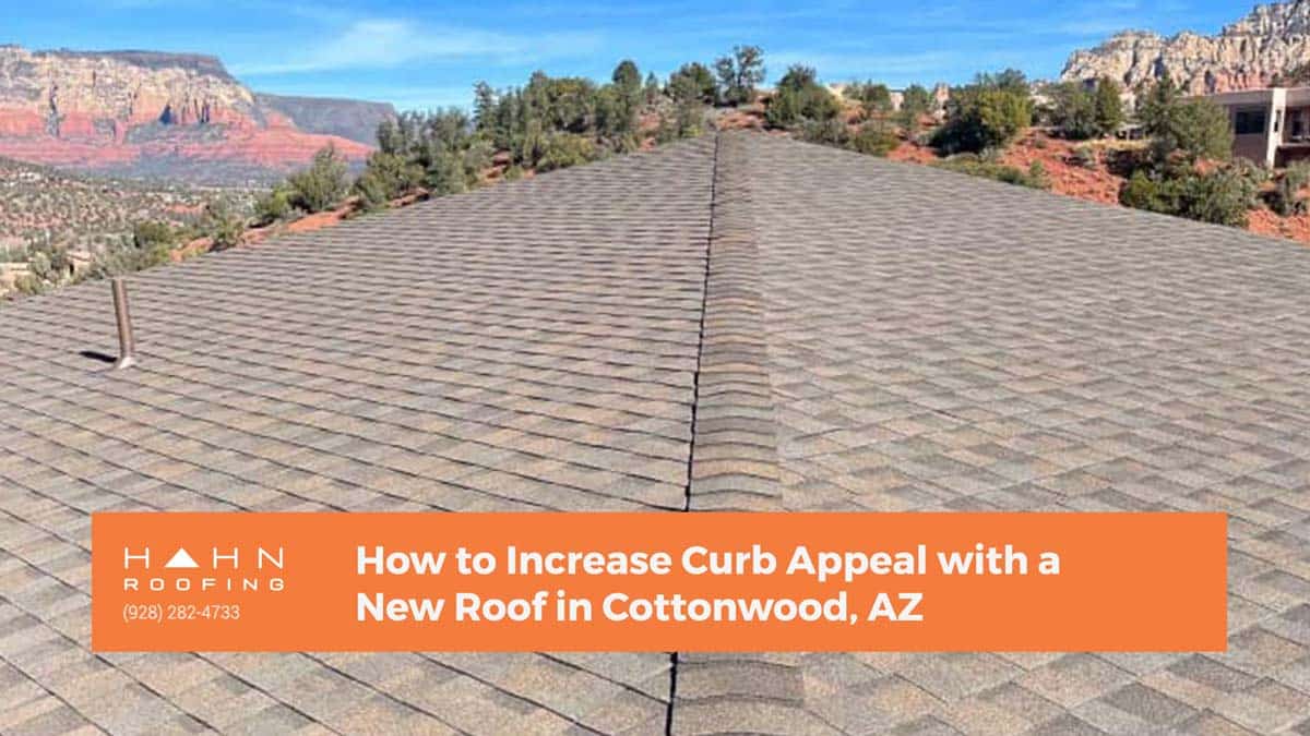 A panoramic view of a Cottonwood home's asphalt shingle roof, set against red rock formations. From Hahn Roofing's "How to Increase Curb Appeal with a New Roof in Cottonwood, AZ."