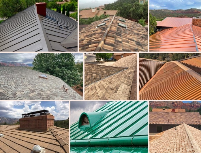 A collage of the different types of roofs that Hahn roofing can repair and install in Prescott, Arizona